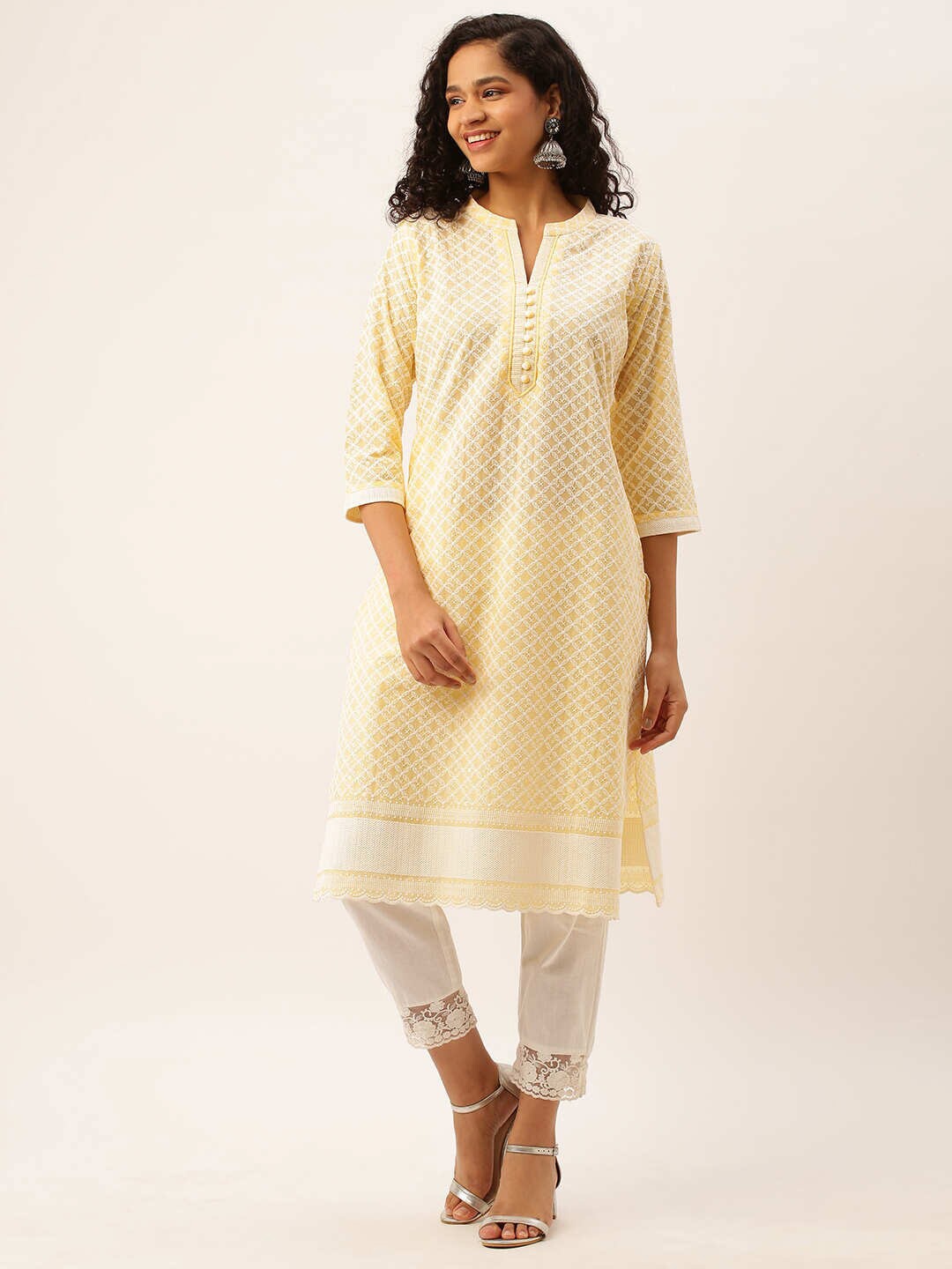 

ZOLA Women Yellow & White Ethnic Motifs Embroidered Chikankari Pure Cotton Kurta