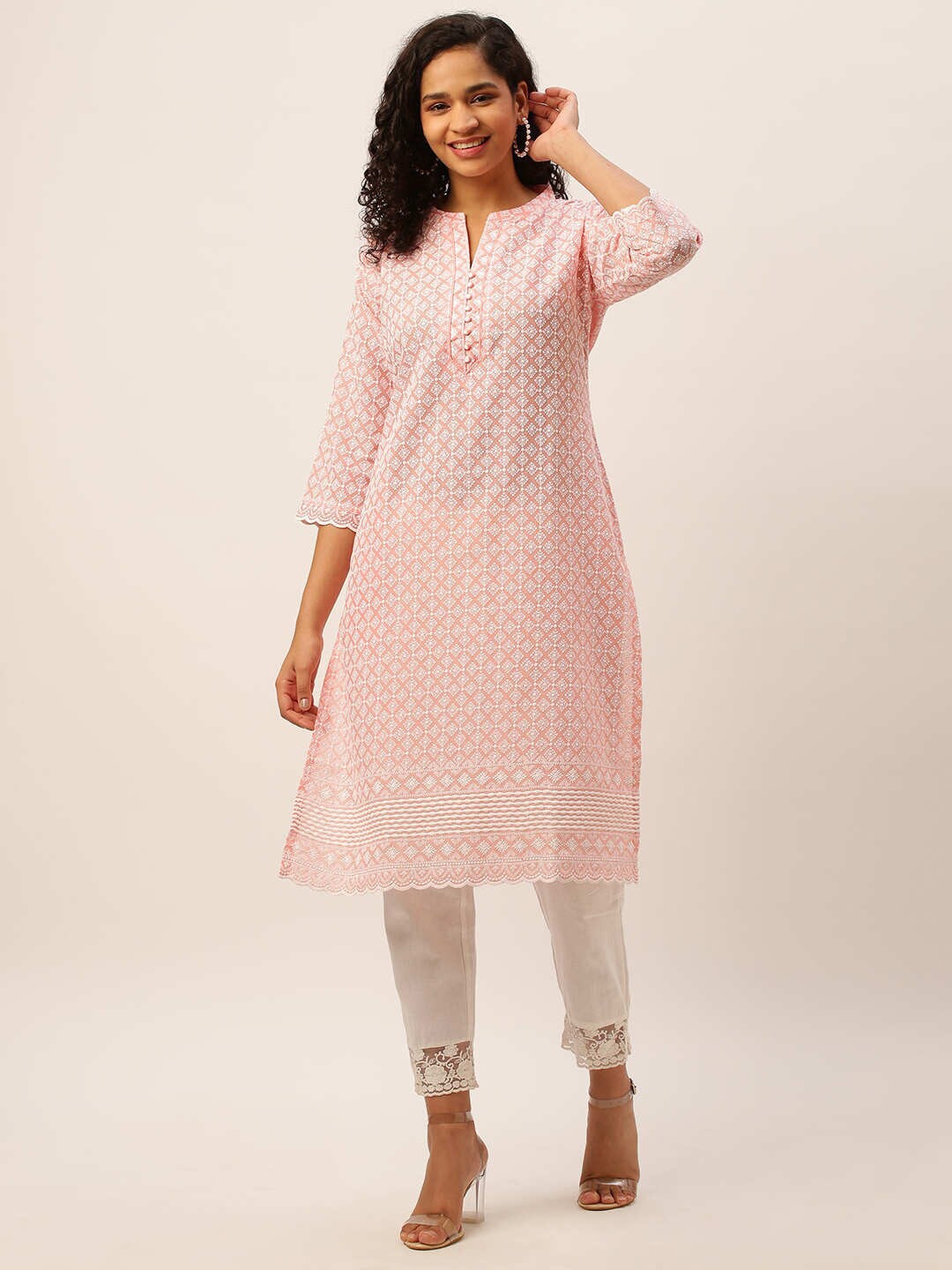 

ZOLA Mandarin Collar Ethnic Motifs Embroidered Chikankari Cotton Kurta, Peach
