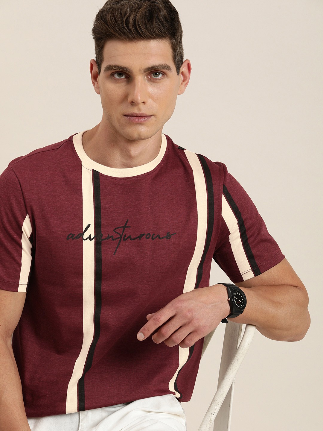 

INVICTUS Striped Pure Cotton T-shirt, Maroon
