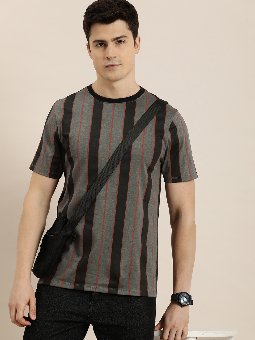 

INVICTUS Pure Cotton Striped Casual T-shirt, Grey
