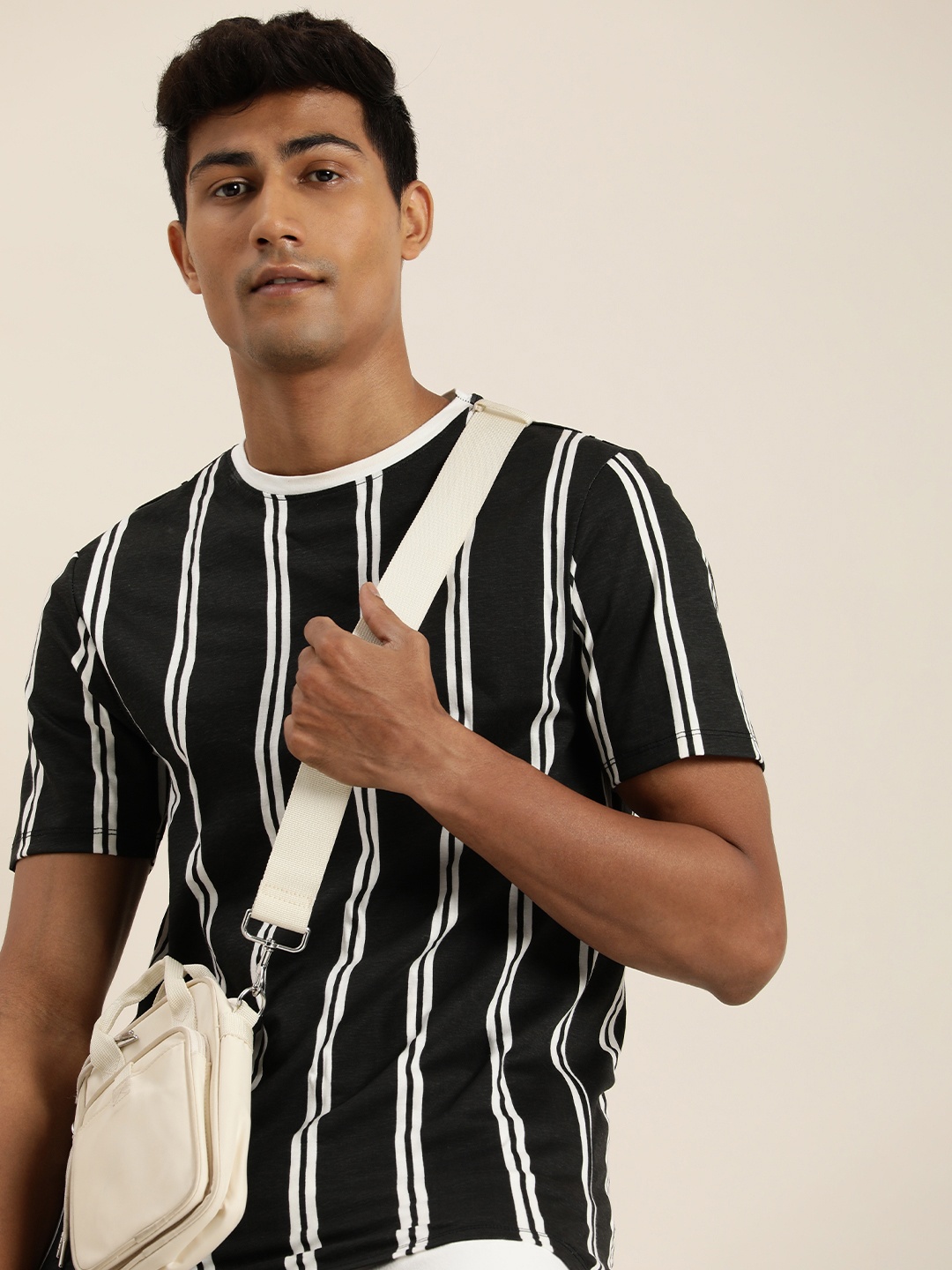 

INVICTUS Striped Pure Cotton T-shirt, Black