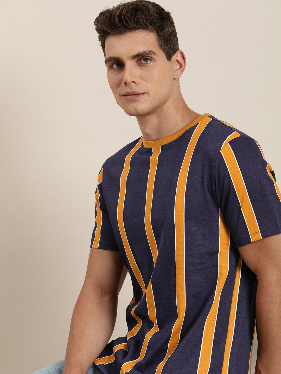 

INVICTUS Striped Pure Cotton T-shirt, Navy blue