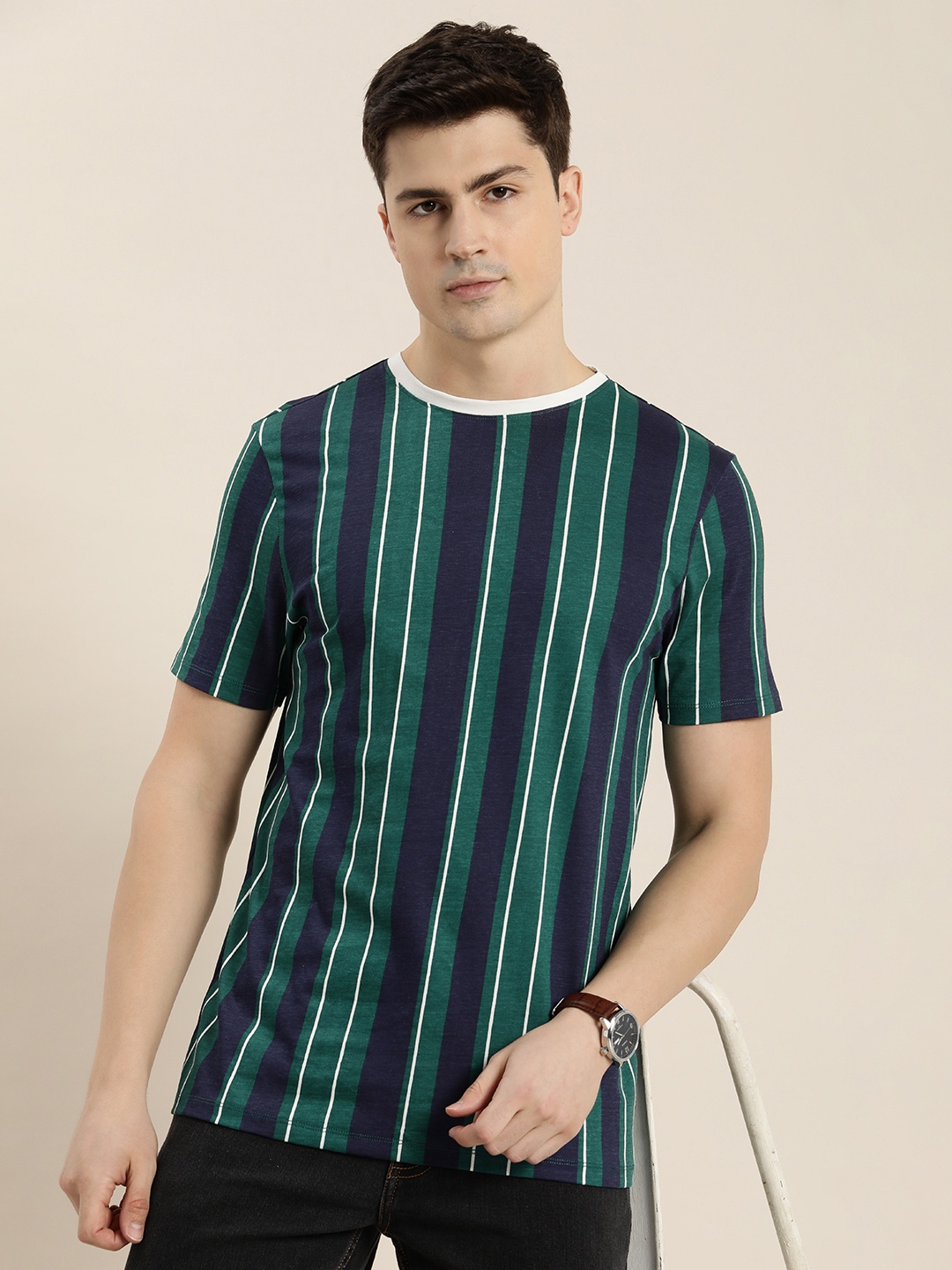

INVICTUS Striped Pure Cotton T-shirt, Green