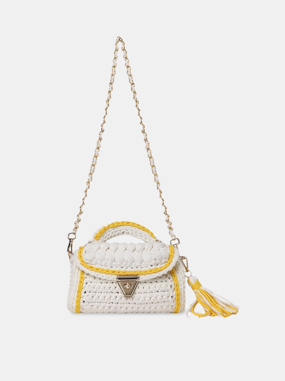 

GLORY & I Embellished Structured Sling Bag with Tasselled, Off white