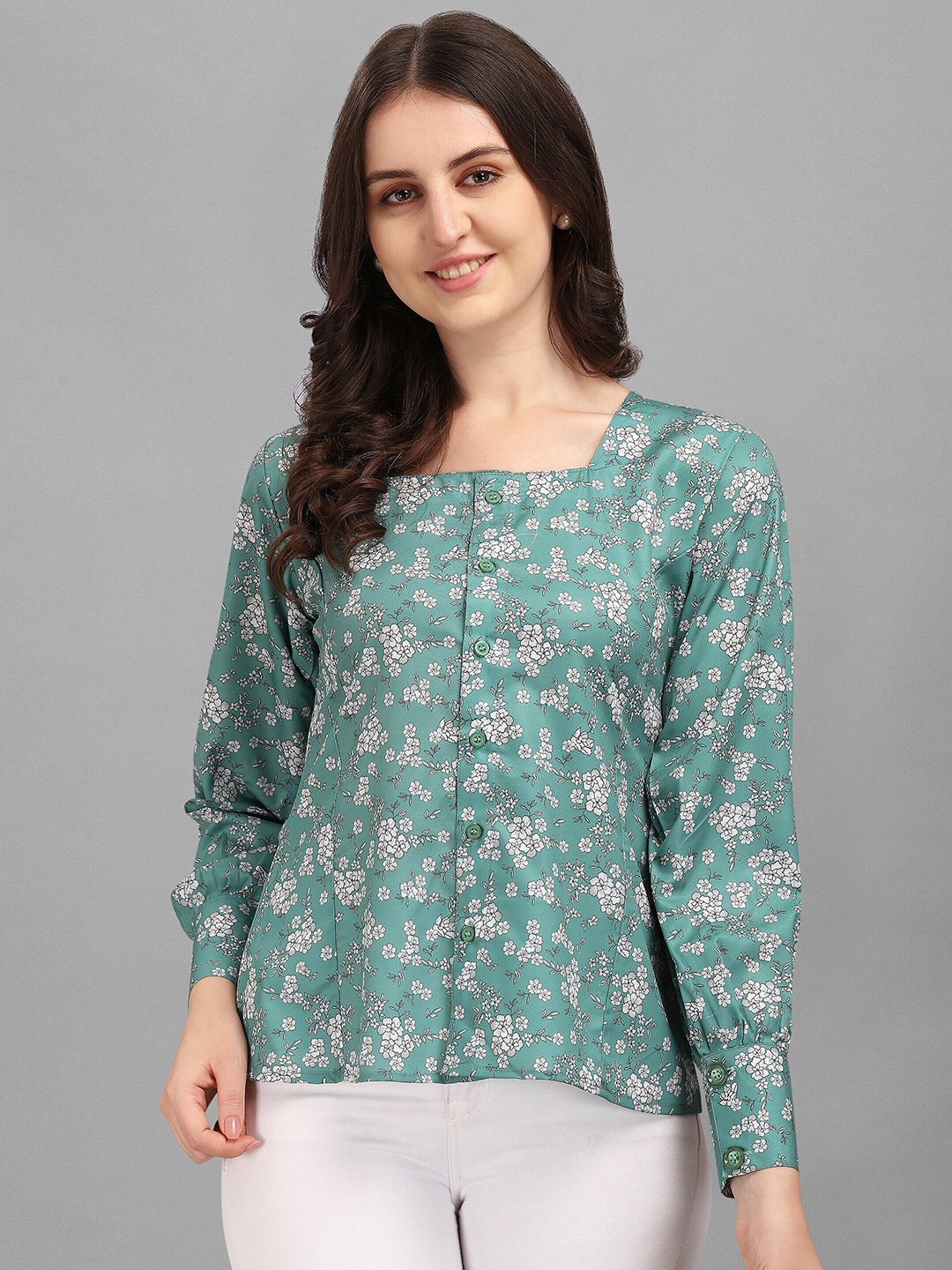 

FAVRIZ Floral Print Crepe Blouson Top, Green