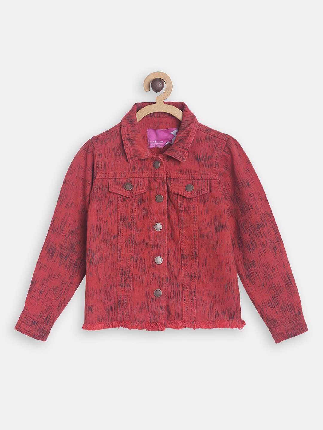 

Hopscotch Girls Abstract Printed Cotton Denim Jacket, Red