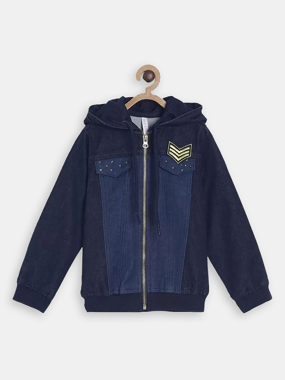 

Hopscotch Kids Girls Solid Hooded Denim Jacket, Navy blue
