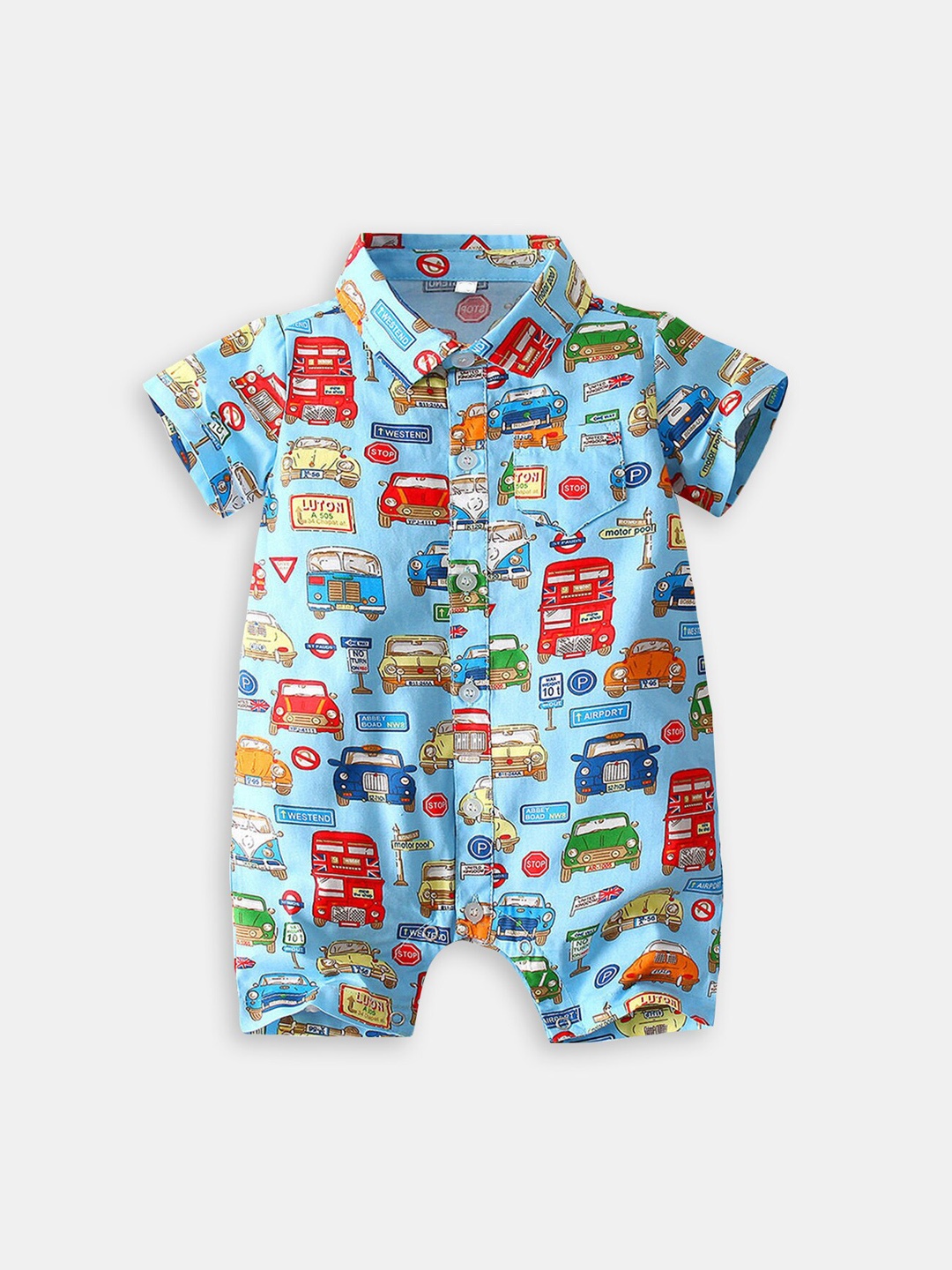 

Hopscotch Boys Printed Cotton Romper, Blue