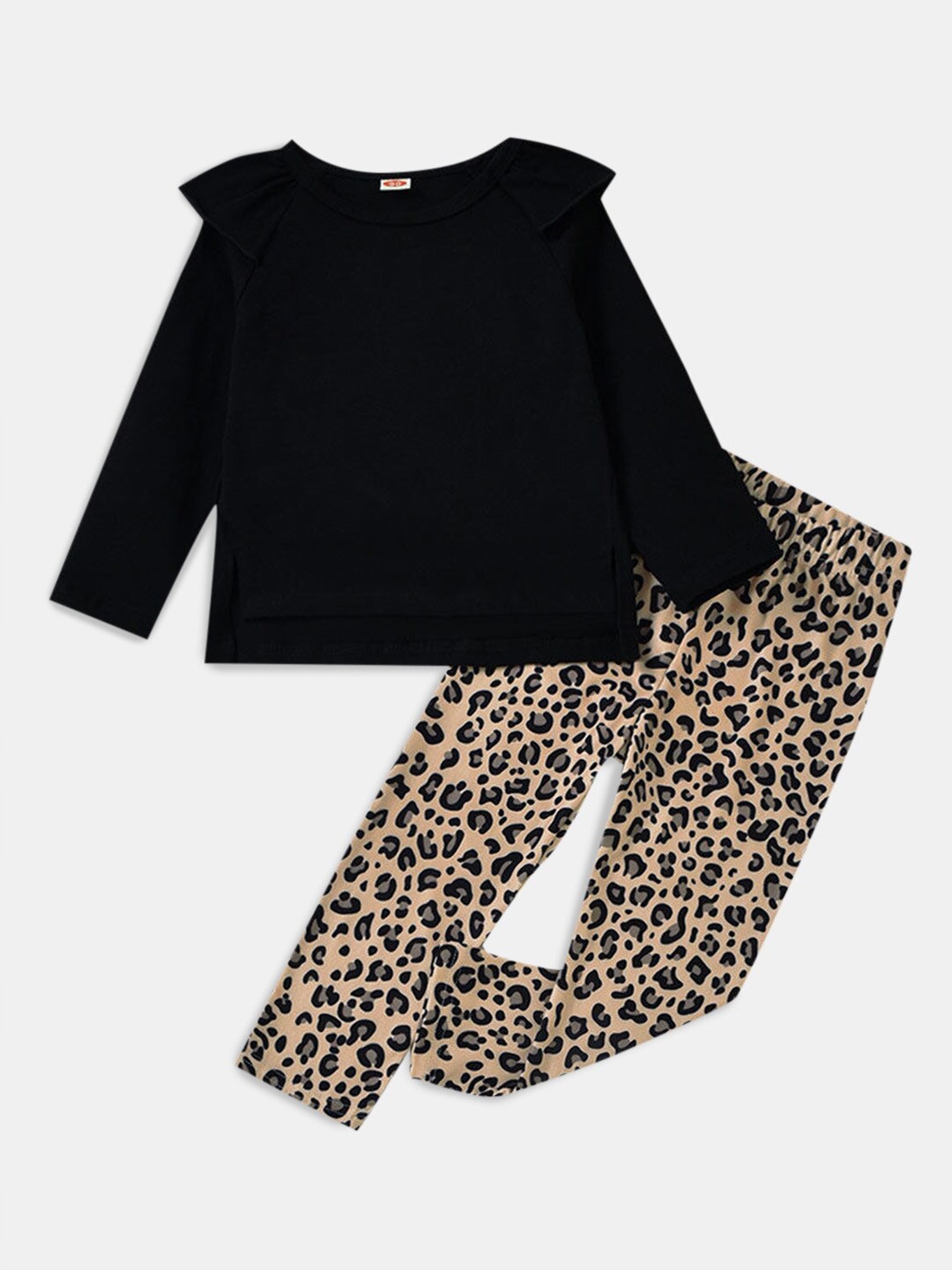 

Hopscotch Girls Solid Pure Cotton Top with Printed Trousers, Black