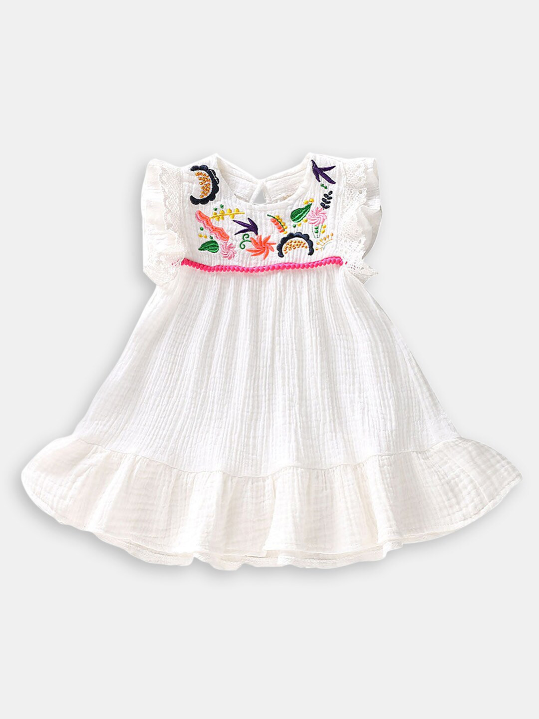 

Hopscotch Printed Floral Cotton Embroidered Dress, White