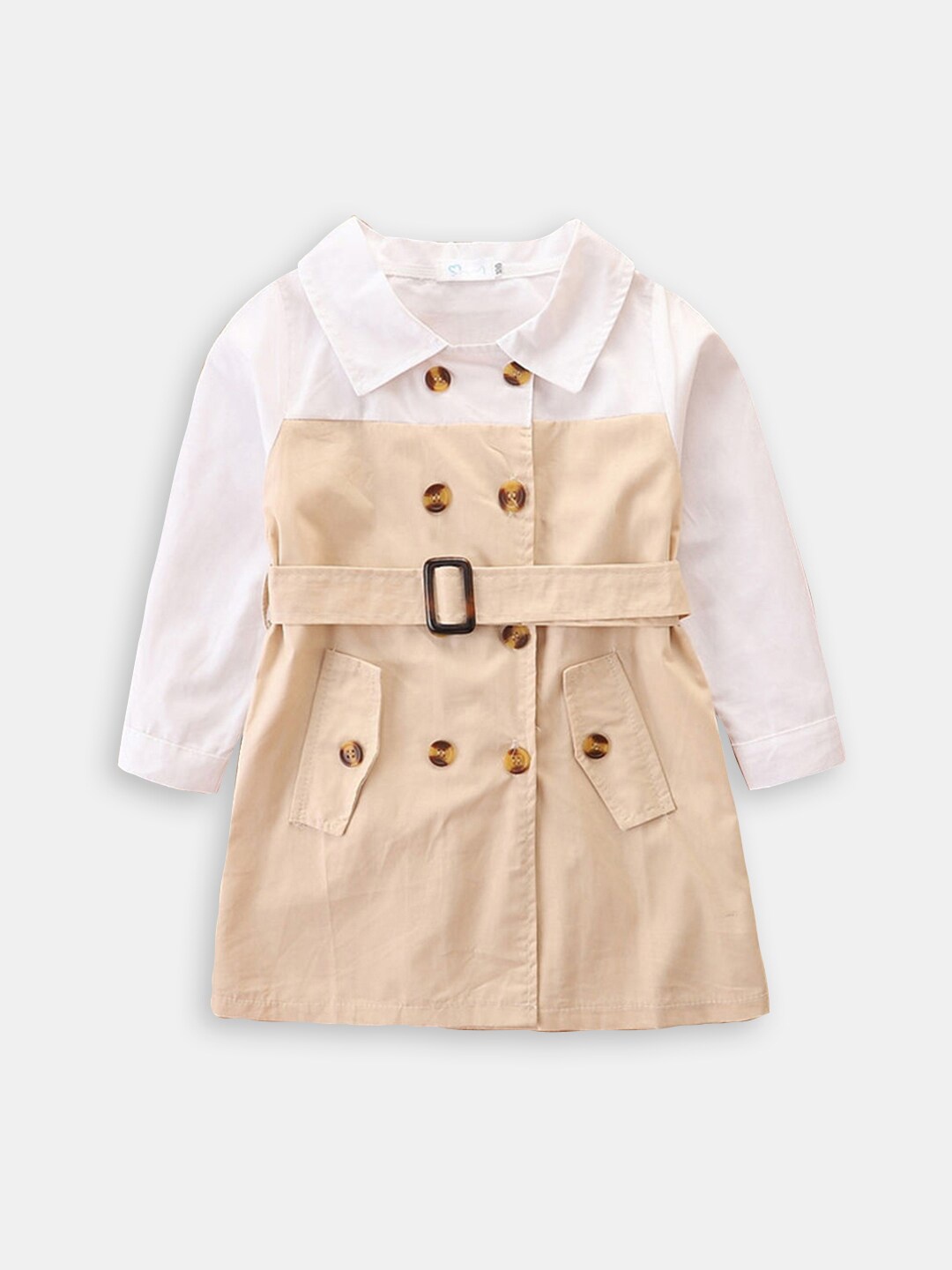

Hopscotch Girls Shirt Collar Cotton A-Line Dress, Beige