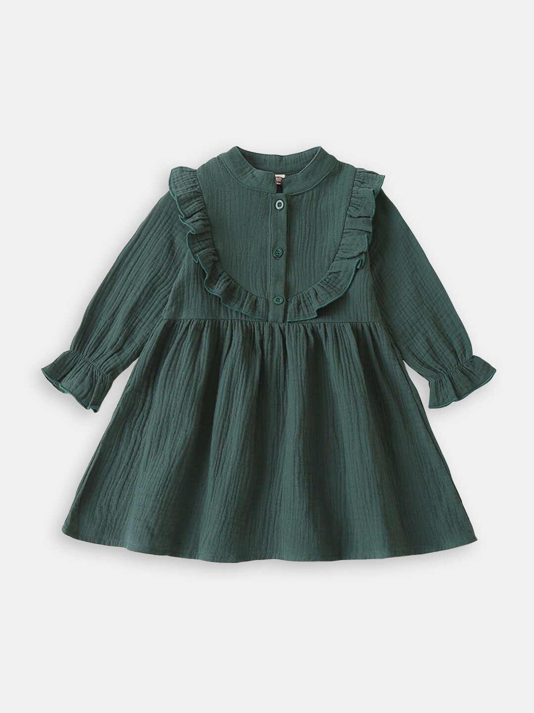 

Hopscotch Mandarin Collar Cotton A-Line Dress, Green