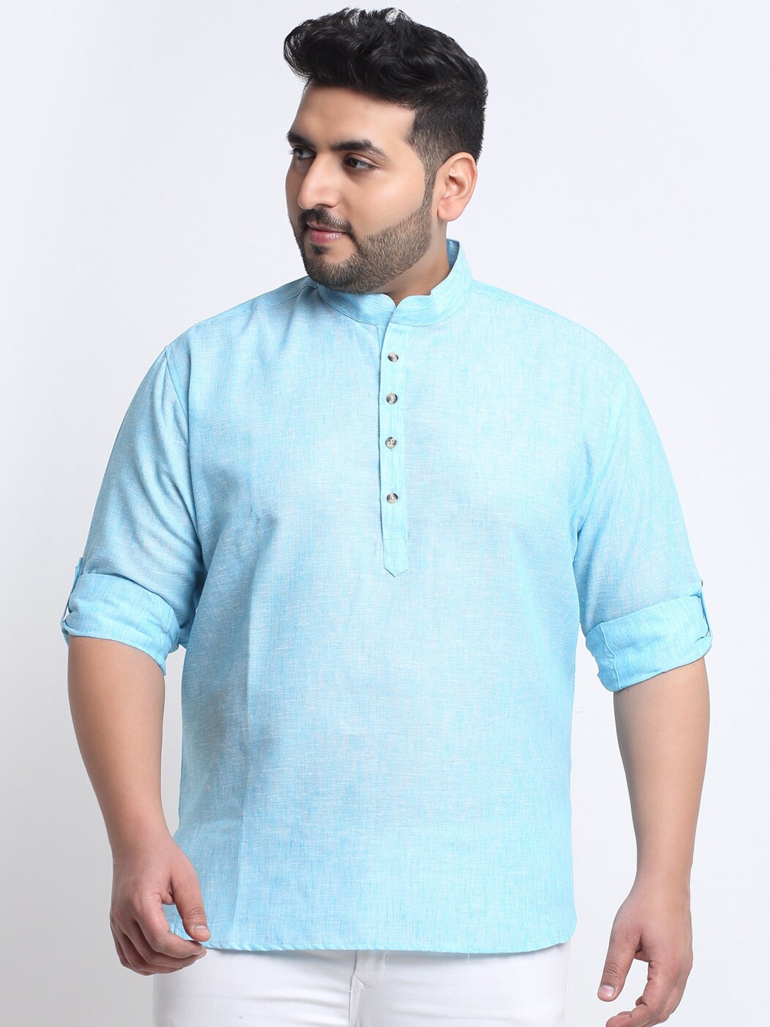 

plusS Men Solid Mandarin Collar Cotton Kurta, Blue