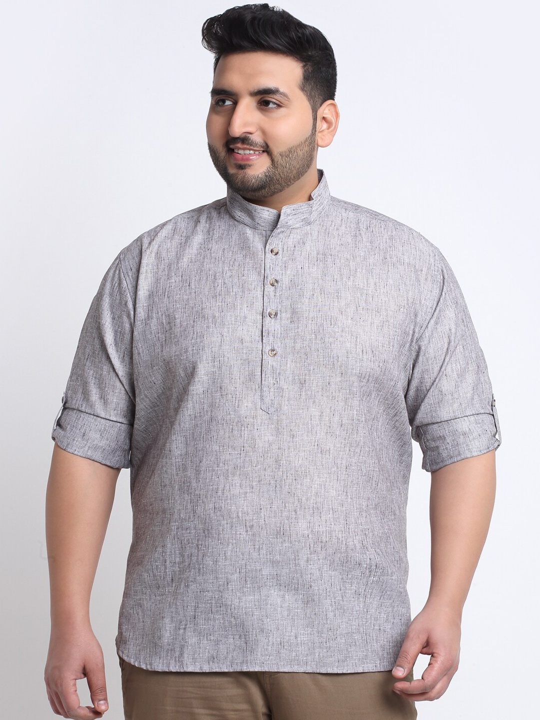 

plusS Plus Size Mandarin Collar Straight Regular Cotton Kurta, Grey