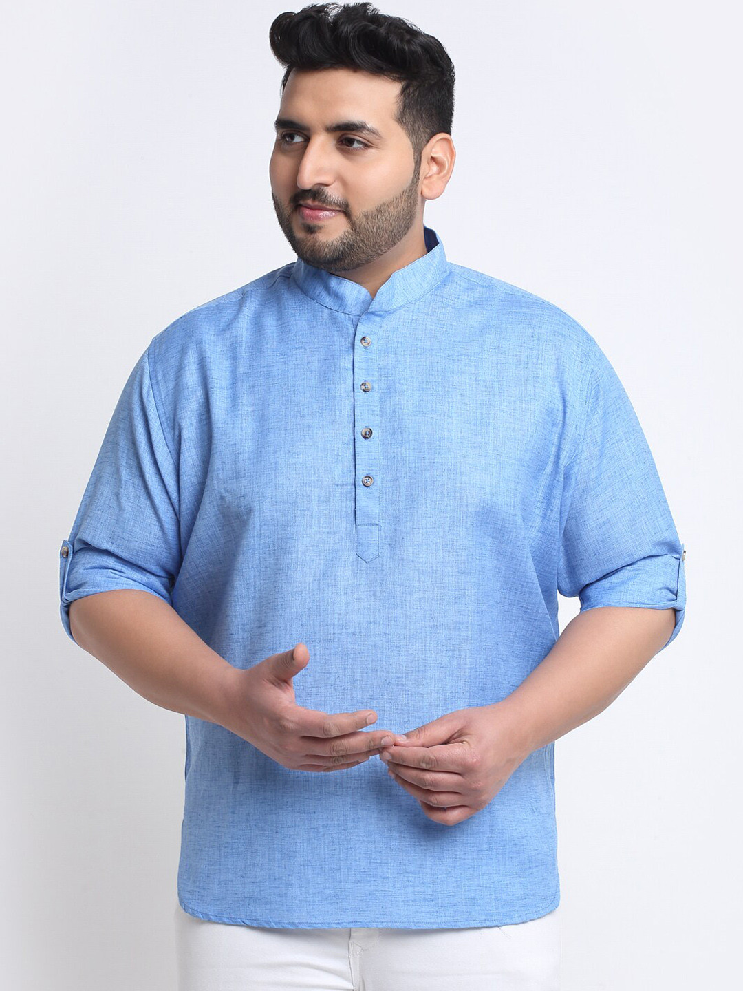

plusS Woven Design Band Collar Roll-Up Sleeves Cotton Straight Short Kurta, Blue