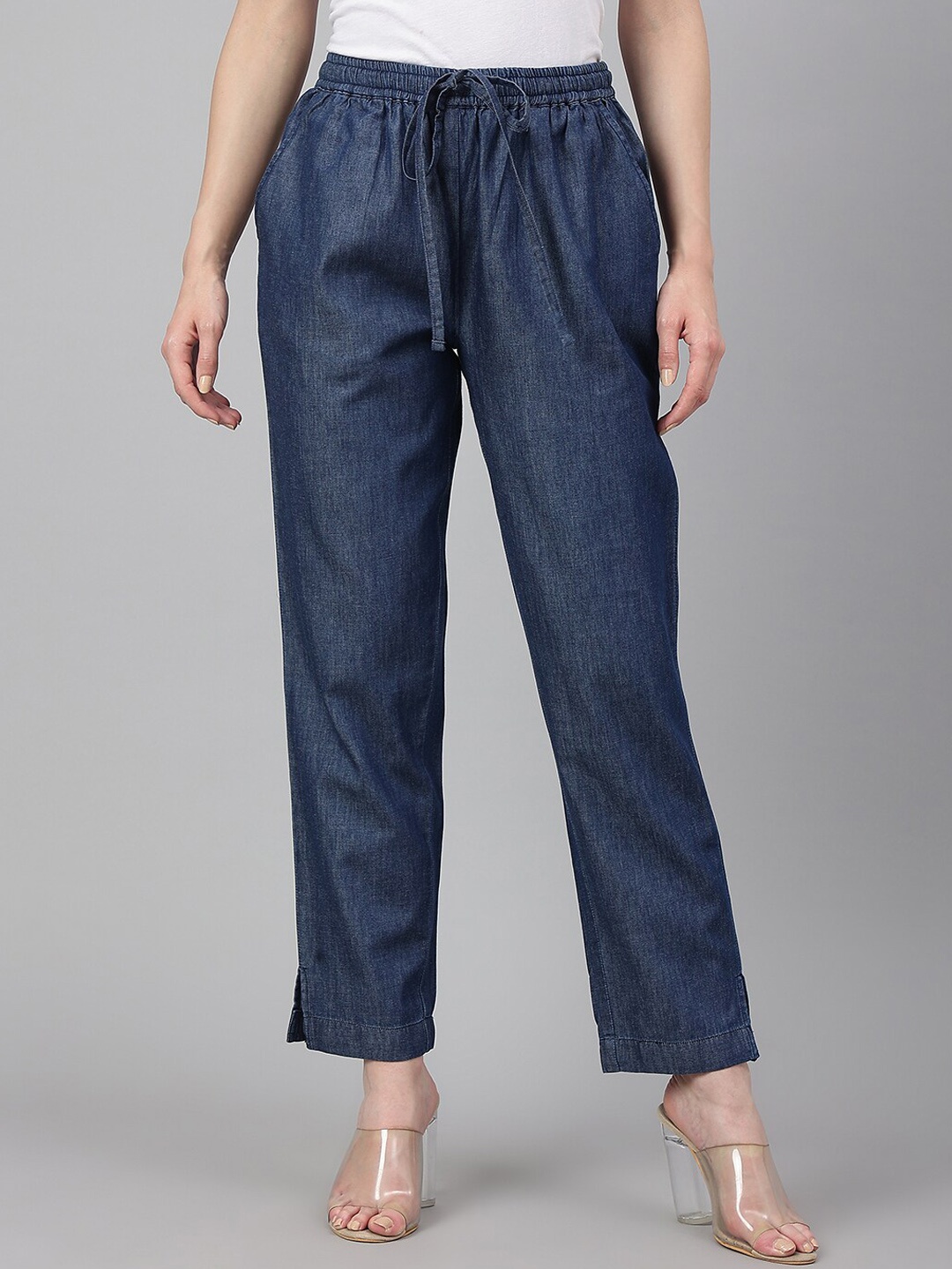 

Janasya Women's Dark Blue Denim Solid Western Denim Pant