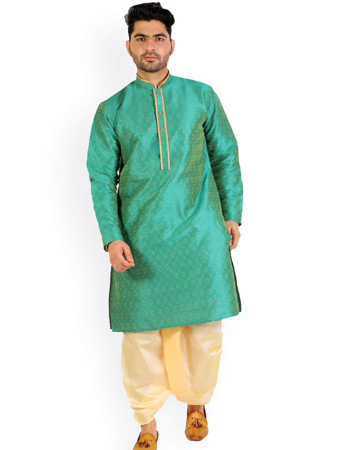 

Pro-Ethic STYLE DEVELOPER Men Floral Pleated Mirror Work Pure Silk Kurta with Dhoti Pants, Green