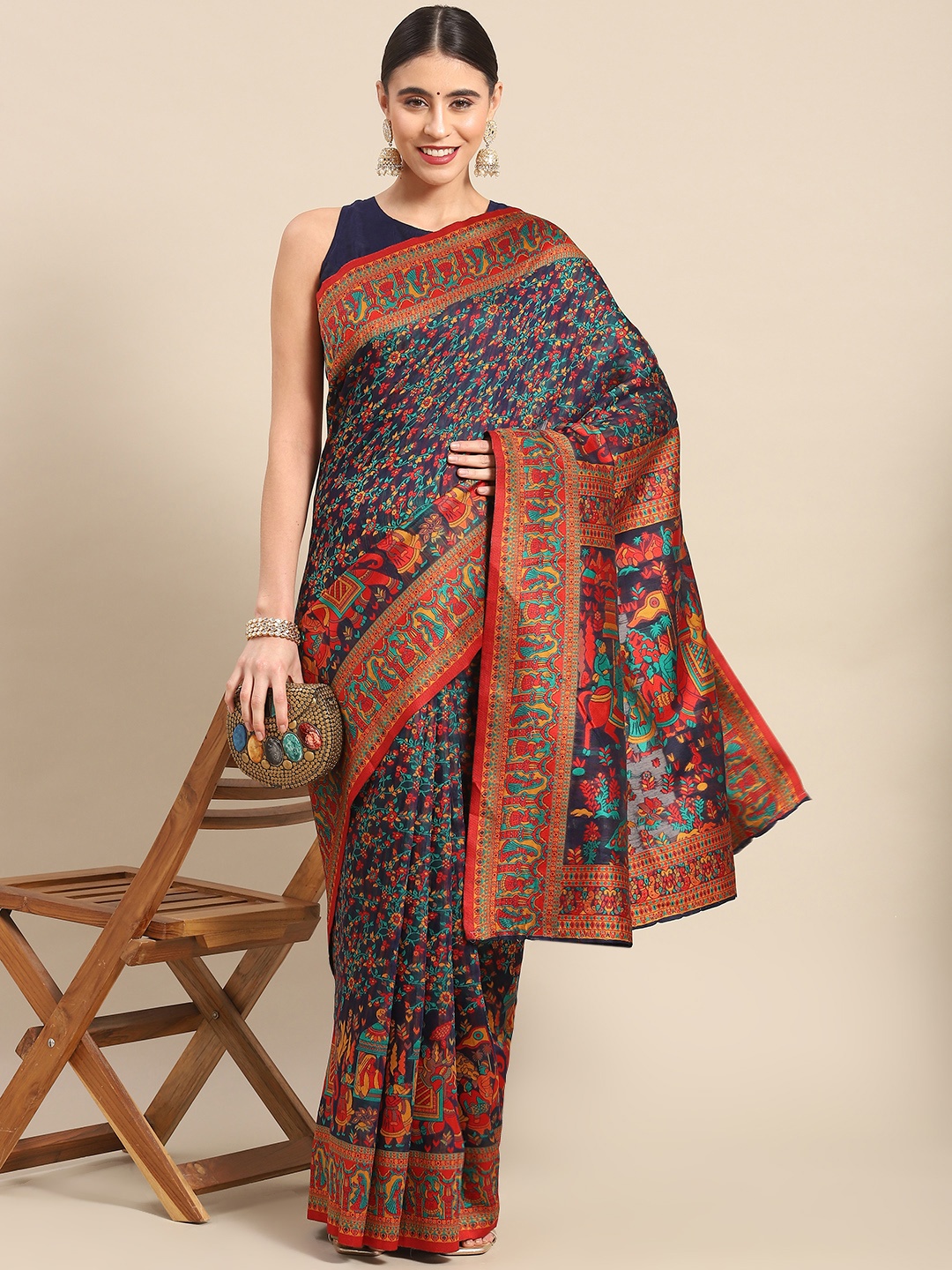 

Ahalyaa Ethnic Motifs Madhubani Saree, Navy blue