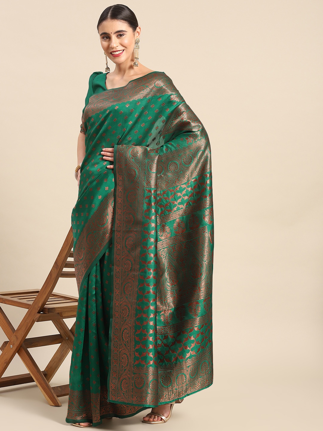 

Ahalyaa Ethnic Motifs Zari Silk Blend Banarasi Saree, Teal