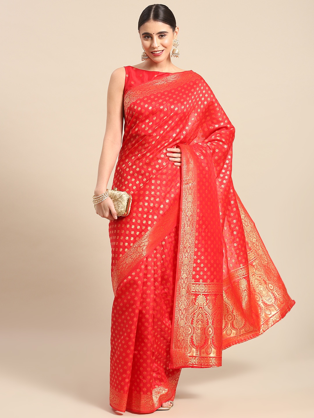 

Ahalyaa Ethnic Motifs Zari Banarasi Saree, Red