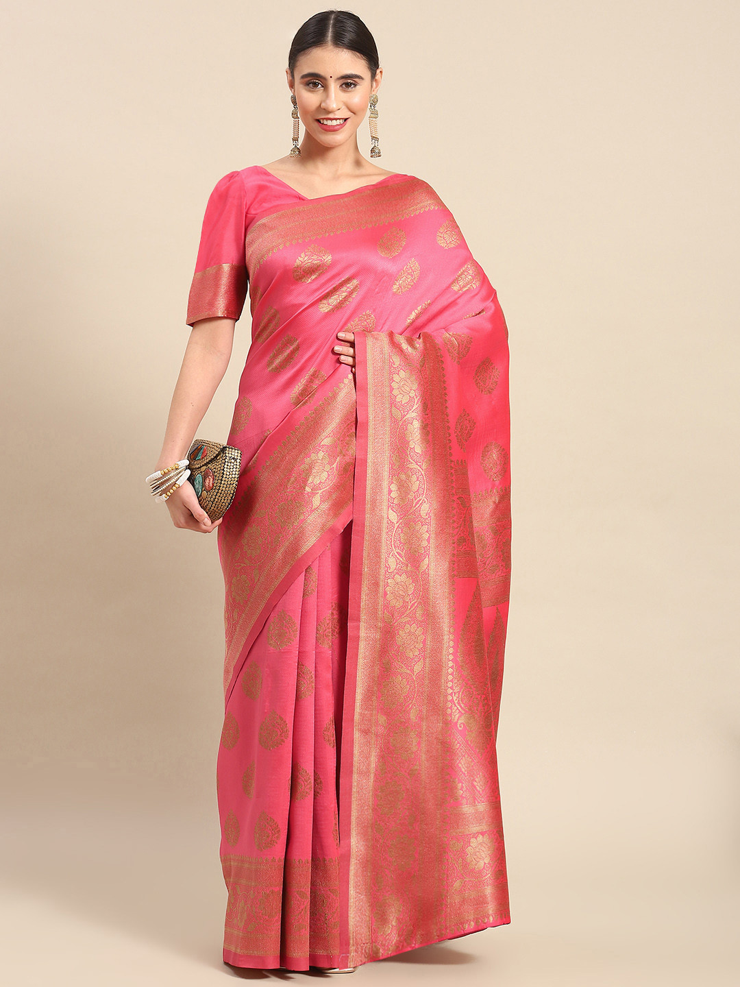 

Ahalyaa Ethnic Motifs Zari Silk Blend Banarasi Saree, Coral