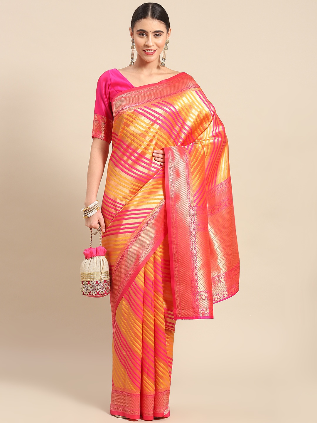 

Ahalyaa Striped Zari Silk Blend Leheriya Saree, Magenta