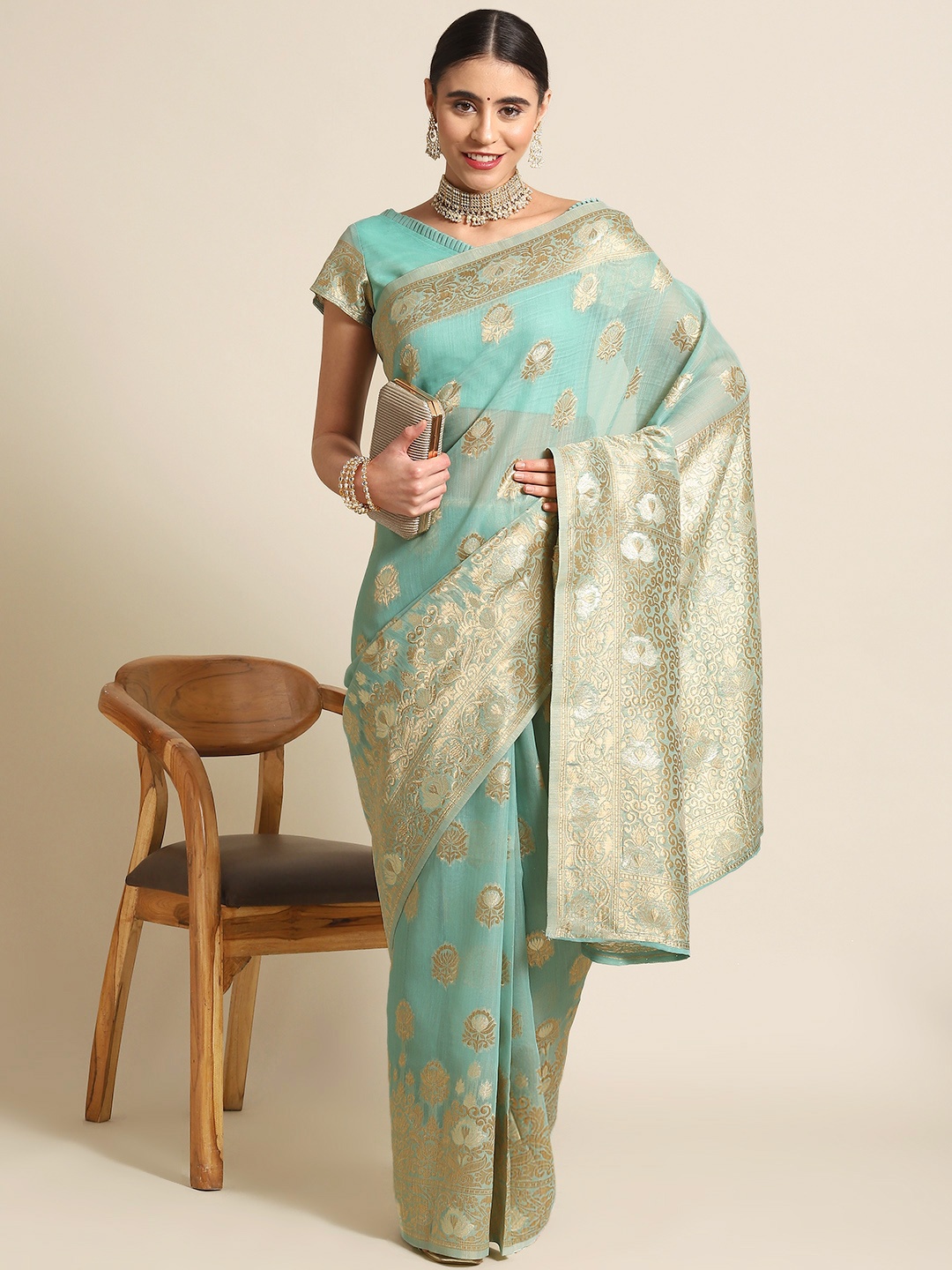 

Ahalyaa Ethnic Motifs Zari Silk Blend Heavy Work Banarasi Saree, Green