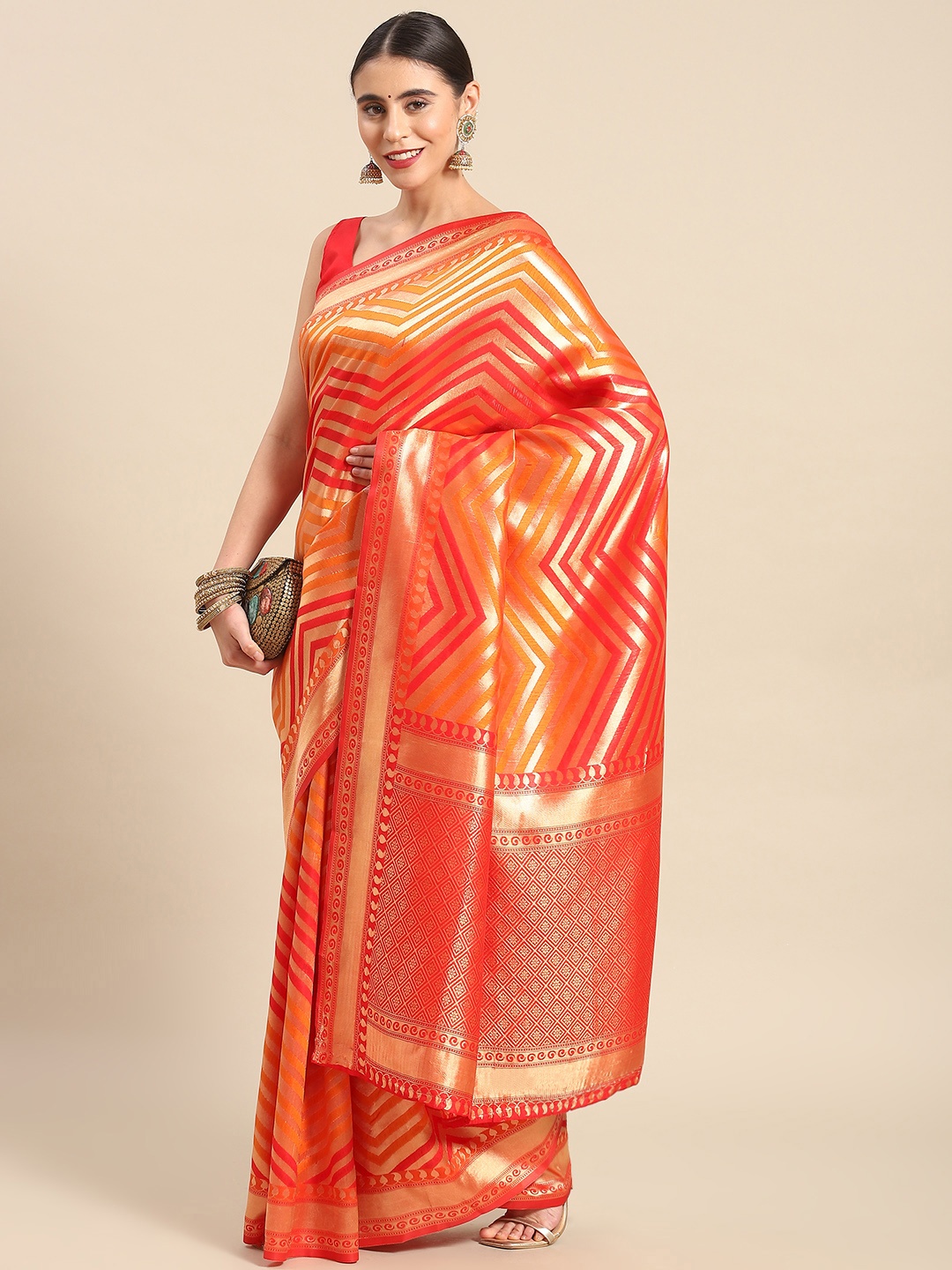 

Ahalyaa Striped Zari Silk Blend Heavy Work Kanjeevaram Saree, Red