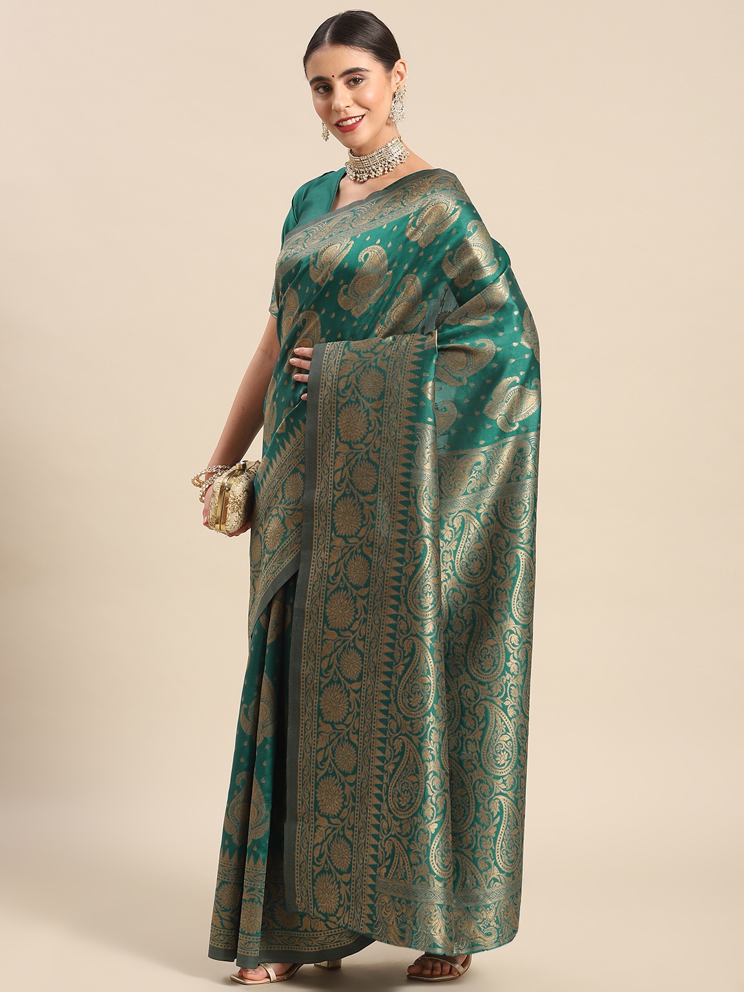 

Ahalyaa Ethnic Motifs Zari Silk Blend Heavy Work Banarasi Saree, Teal