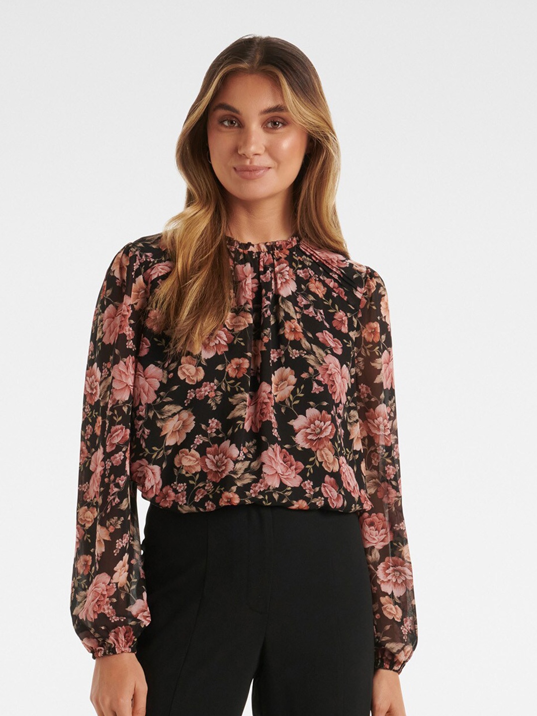 

Forever New Floral Print Tie-Up Neck Top, Black