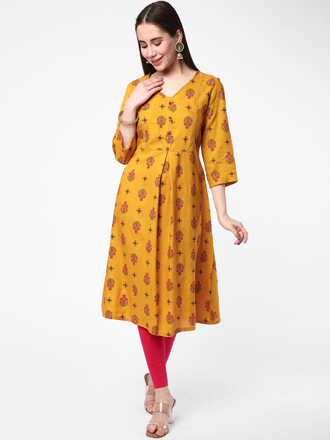 

R&B V-Neck Printed Anarkali Kurta, Yellow