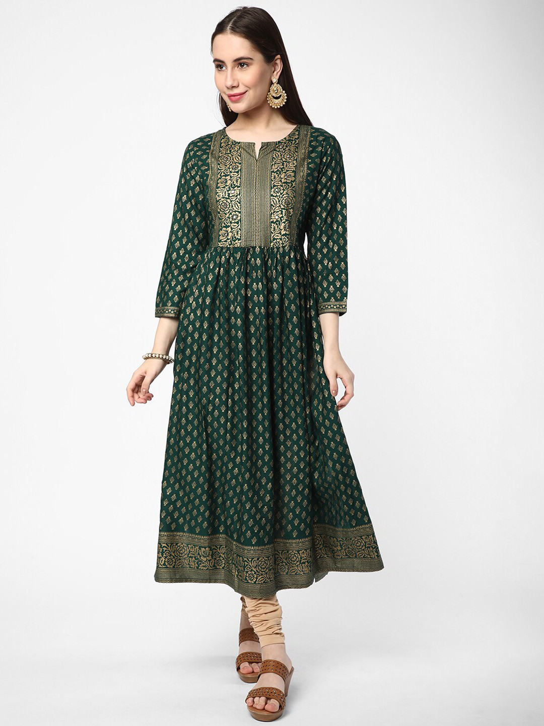 

R&B Ethnic Motifs Printed Mirror Work Anarkali Kurta, Green