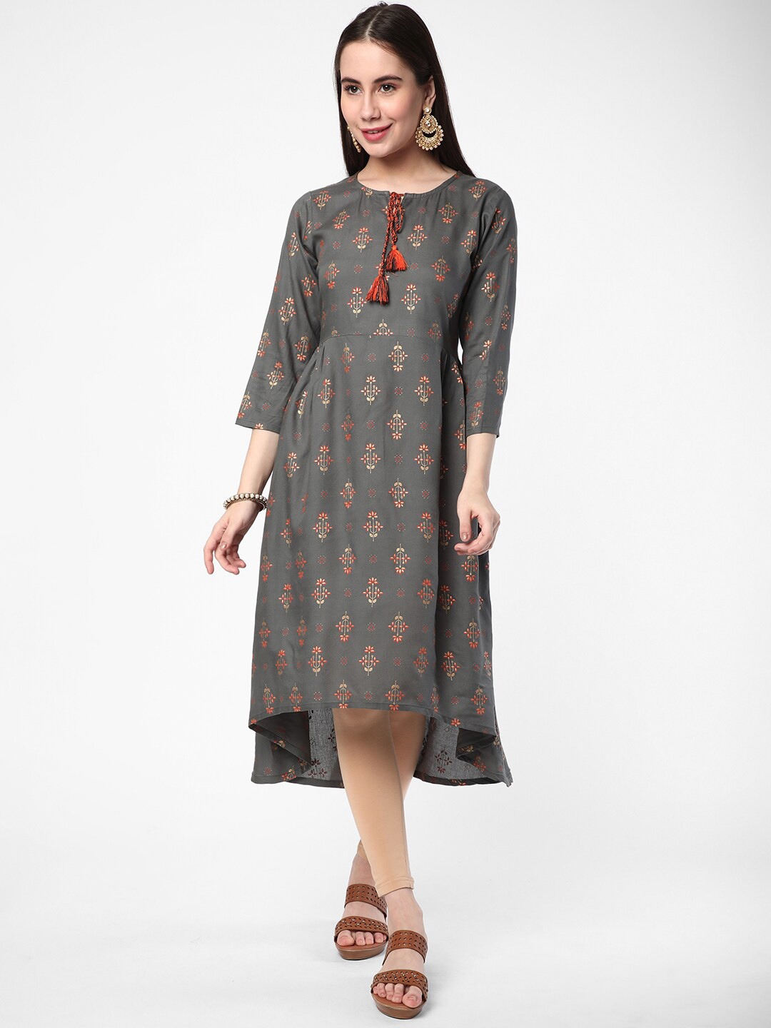 

R&B Women Ethnic Motifs Foil Printed A-Line Kurta, Grey