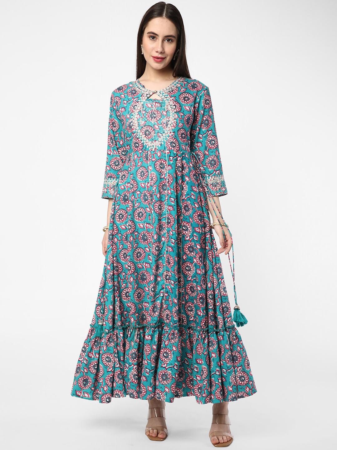 

R&B Floral Printed Keyhole Neck Thread Work Anarkali Kurta, Blue