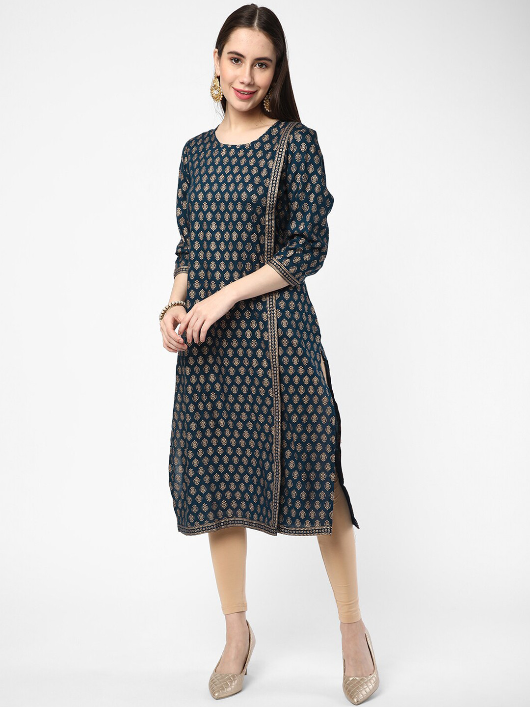 

R&B Round Neck Floral Printed Kurta, Navy blue