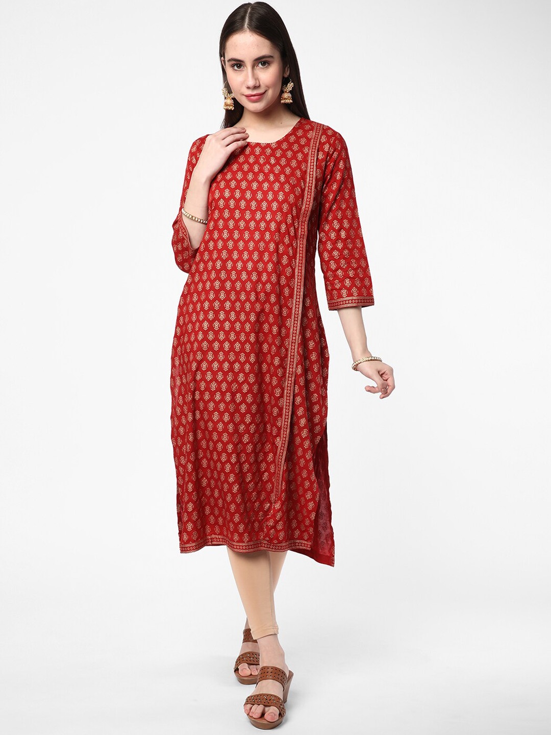 

R&B Floral Printed Straight Regular Kurta, Maroon