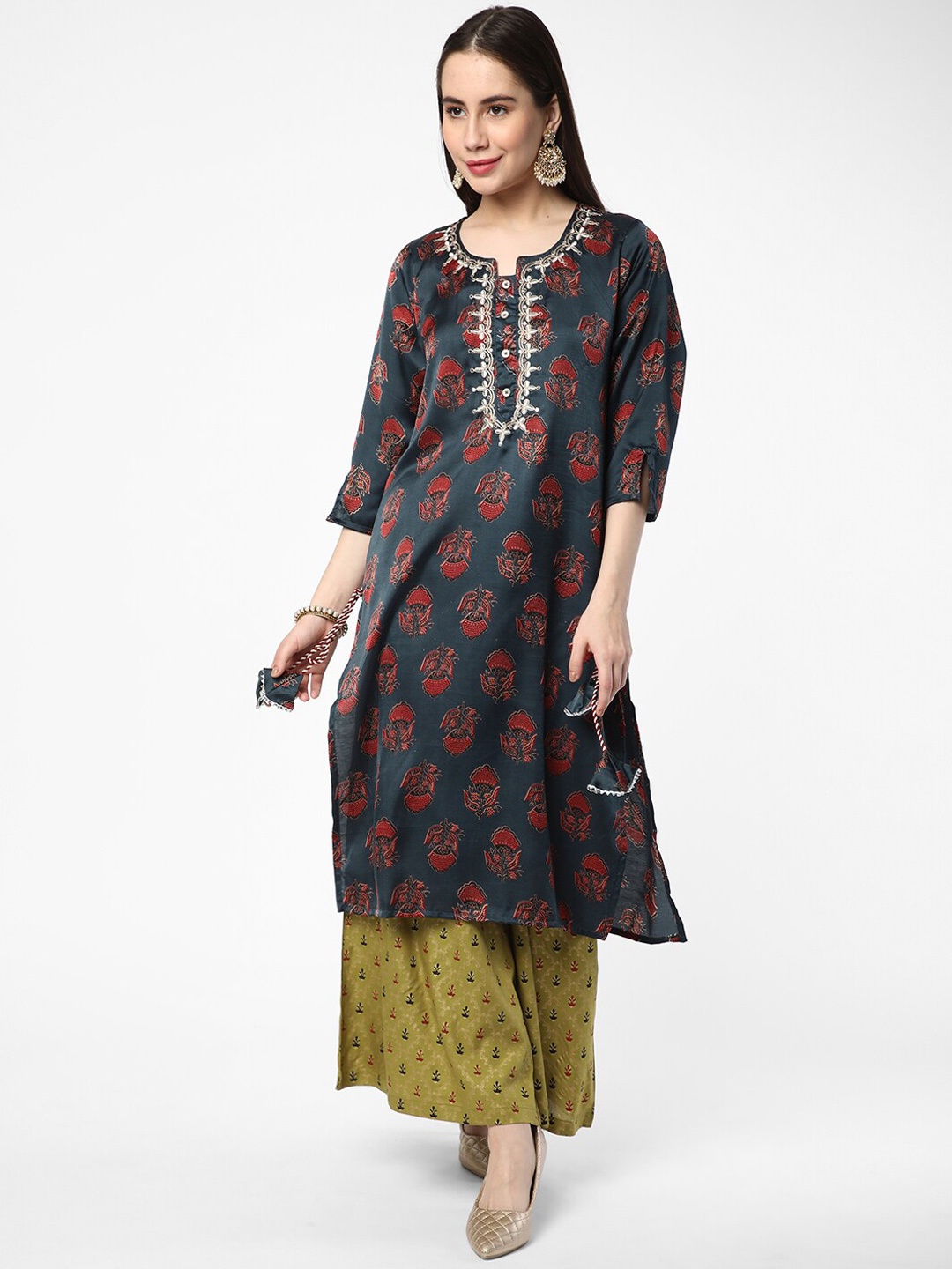 

R&B Women Blue Ethnic Motifs Printed Cold-Shoulder Sleeves Kurta