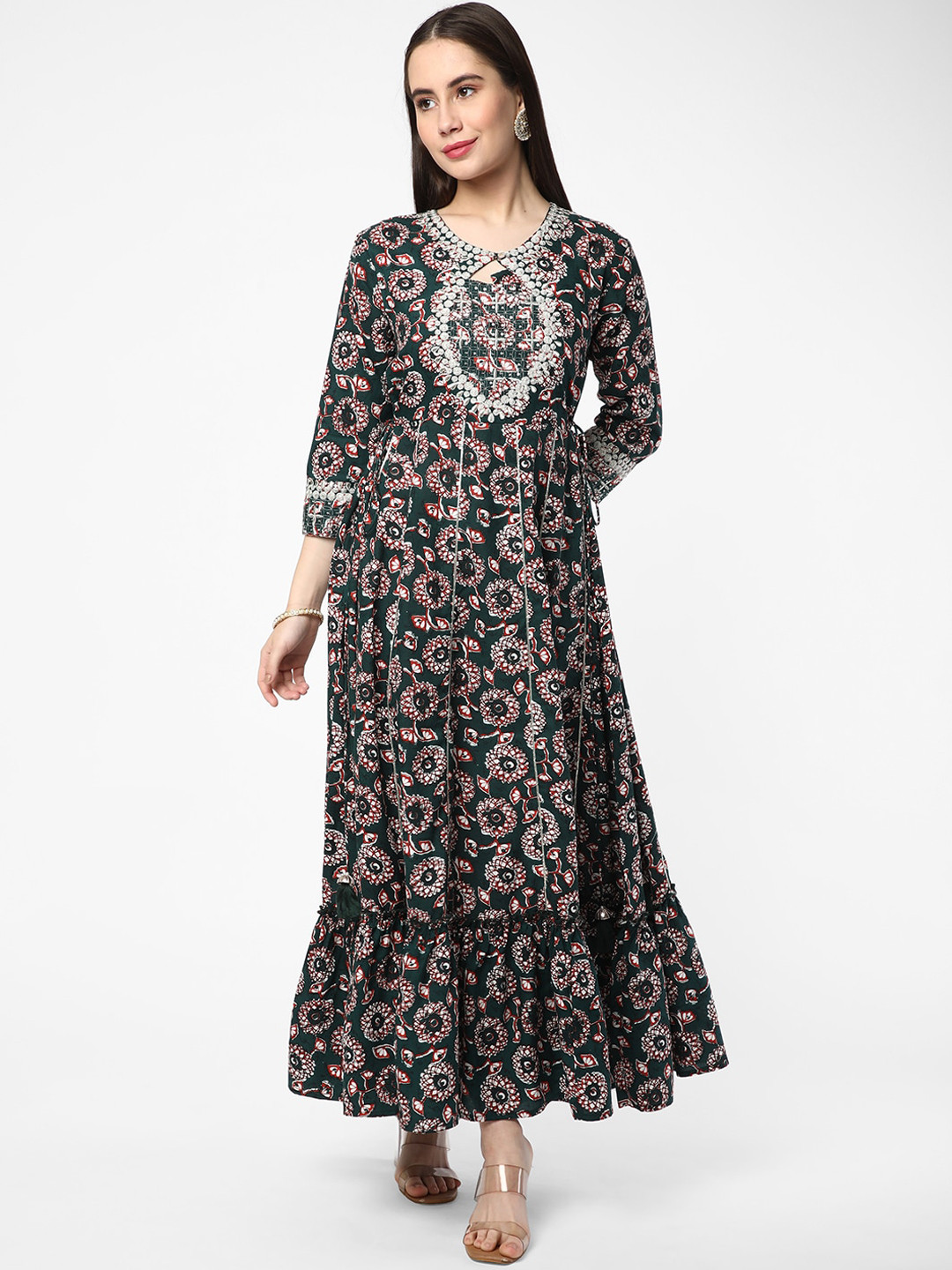 

R&B Keyhole Neck Floral Printed Thread Work Anarkali Kurta, Green