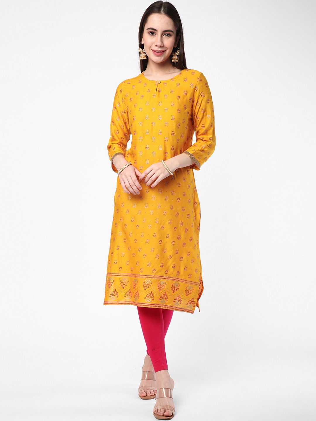 

R&B Floral Printed Keyhole Neck Straight Regular Kurta, Yellow