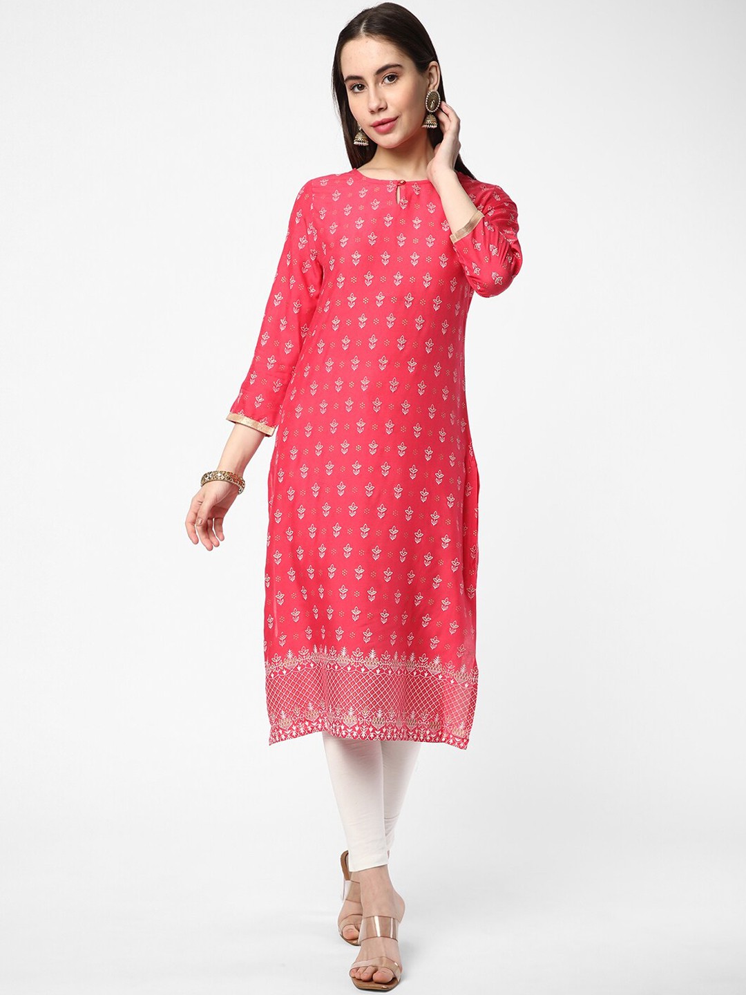 

R&B Floral Printed Keyhole Neck Straight Regular Kurta, Coral