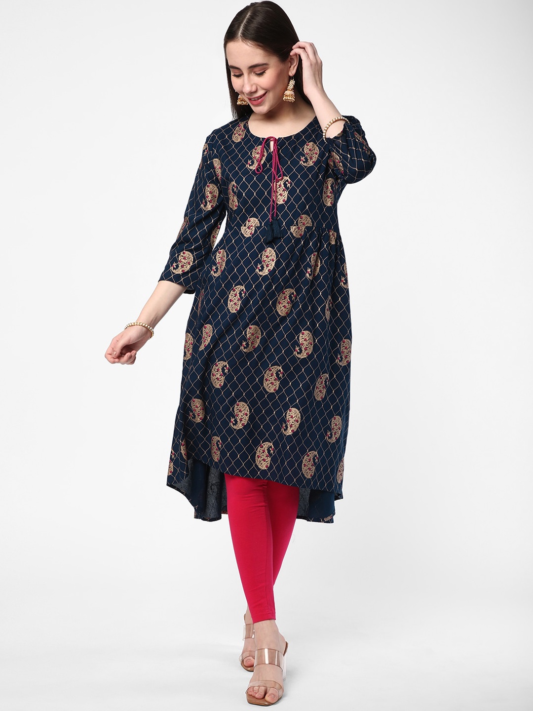 

R&B Ethnic Motifs Printed Keyhole Neck Kurta, Navy blue