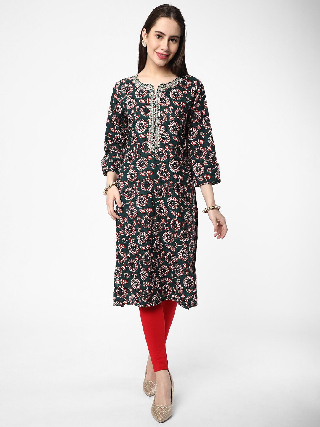 

R&B Floral Printed Mirror Work Notched Neck Kurta, Green