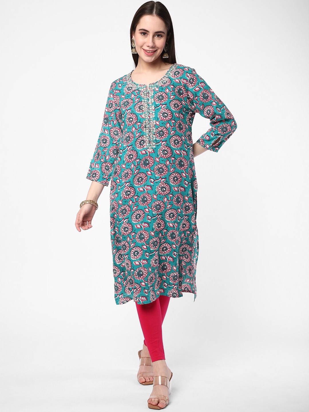 

R&B Floral Printed Round Neck Kurta, Blue