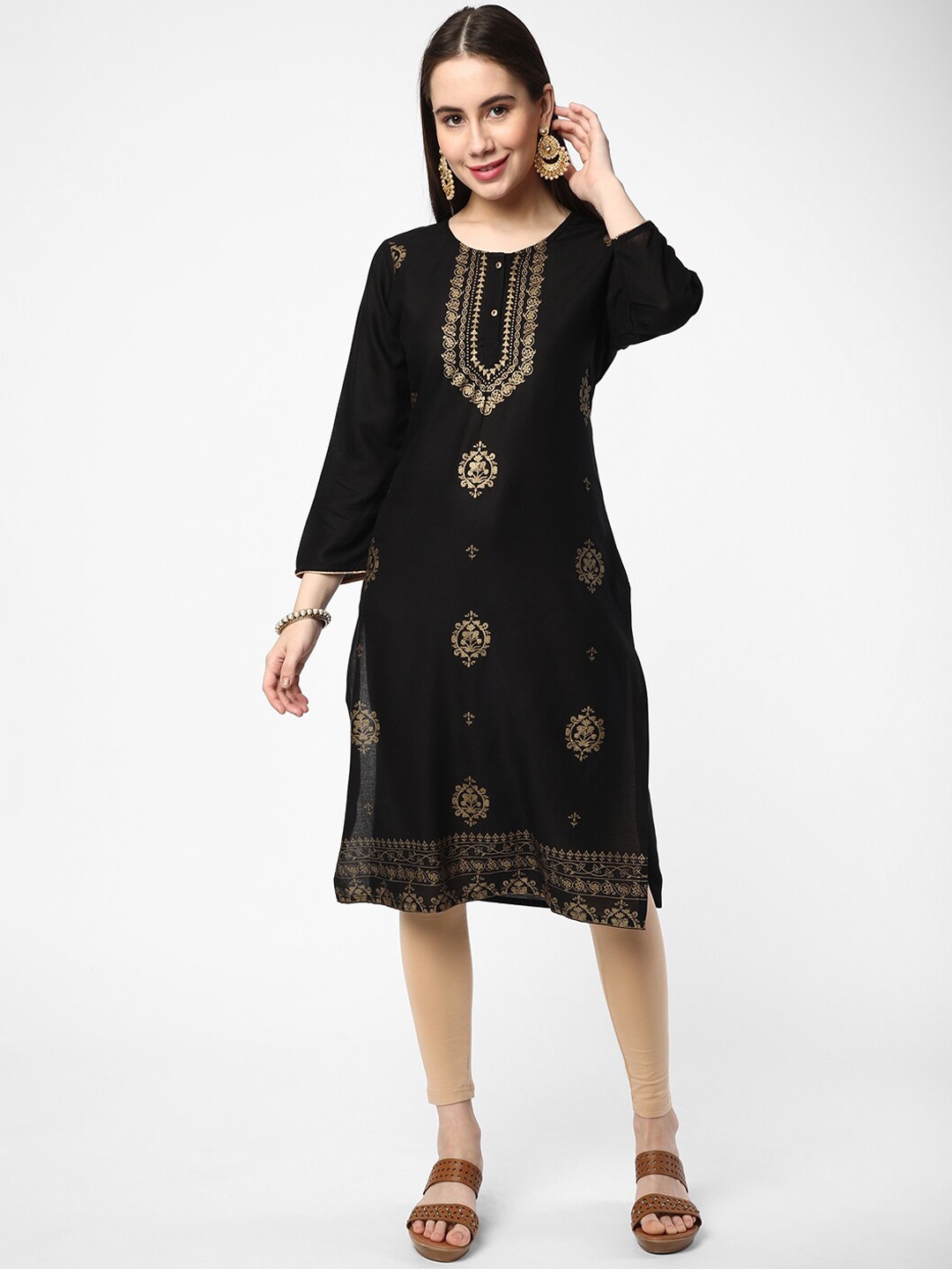 

R&B Round Neck Ethnic Motifs Printed Kurta, Black