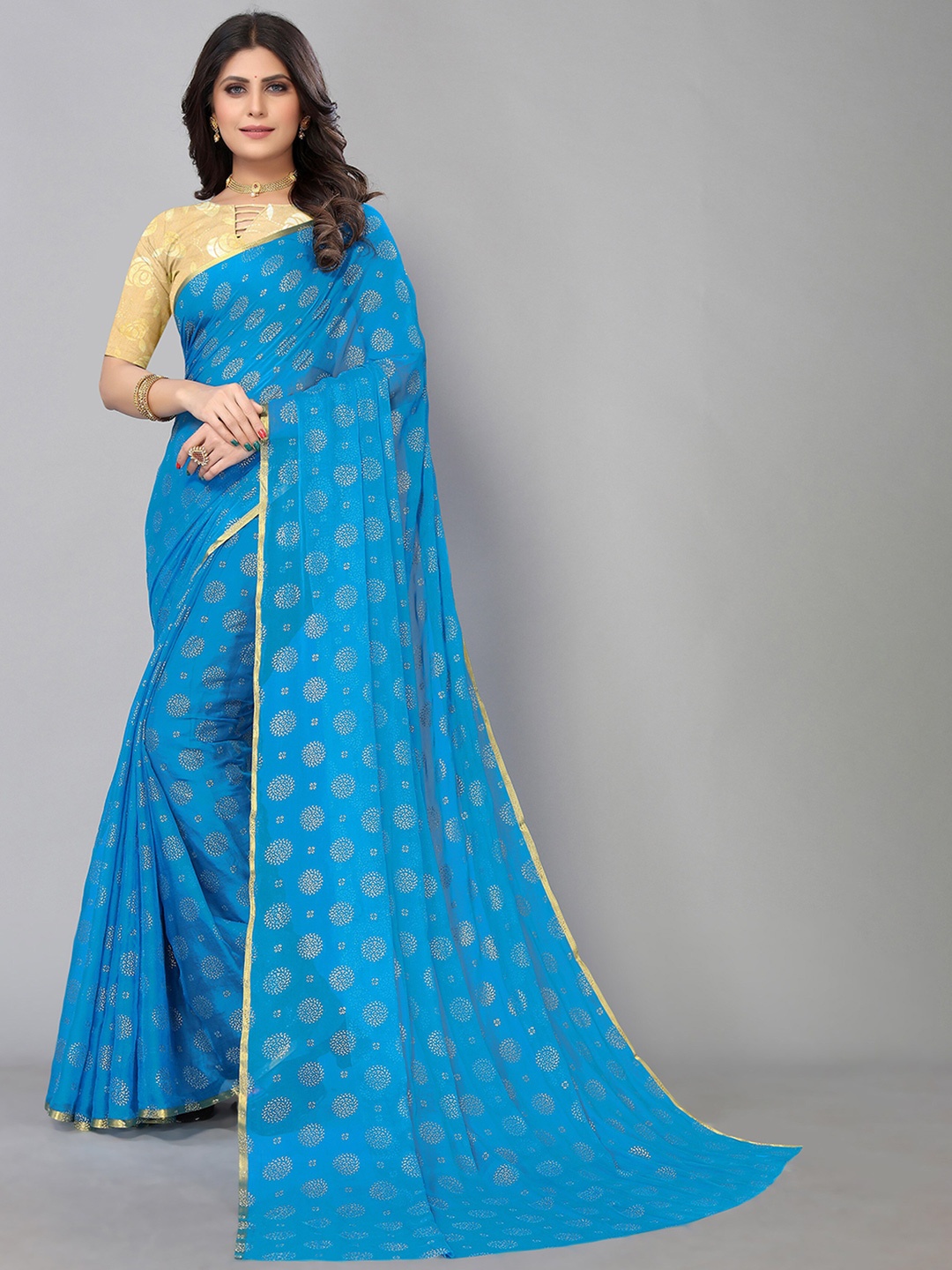 

KALINI Floral Printed Zari Pure Chiffon Saree With Blouse Piece., Blue