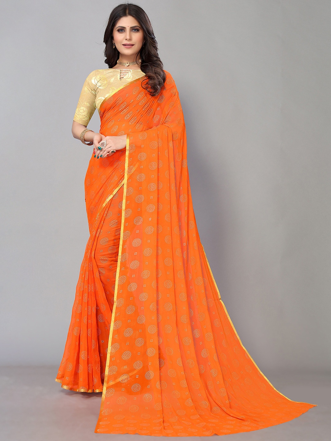 

KALINI Floral Pure Printed Chiffon Saree With Blouse Piece, Orange