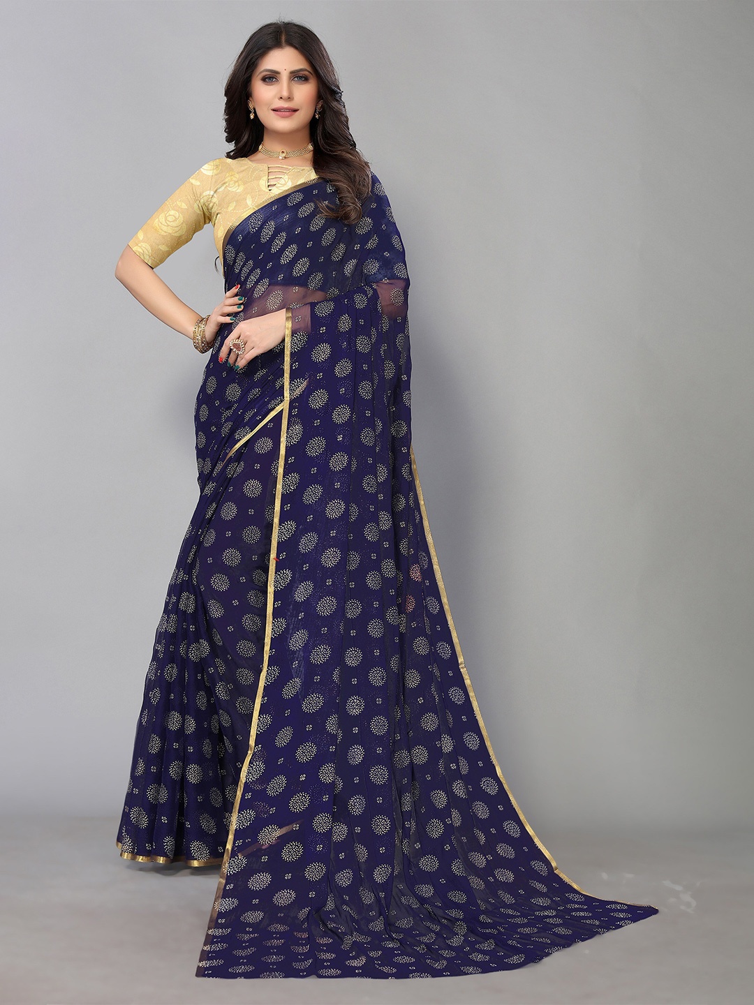 

KALINI Floral Printed Pure Chiffon Saree With Blouse Piece, Navy blue