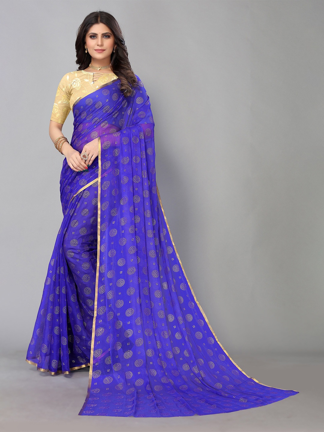 

KALINI Floral Printed Zari Pure Chiffon Saree With Blouse Piece, Blue