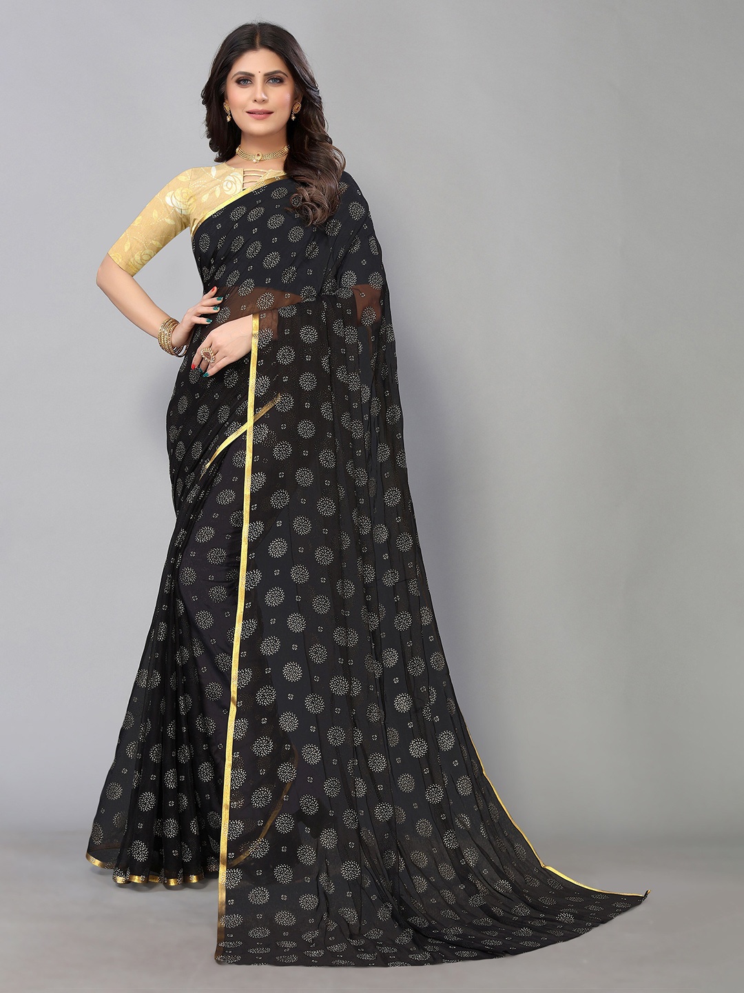 

KALINI Floral Printed Pure Chiffon Saree With Blouse Piece, Black