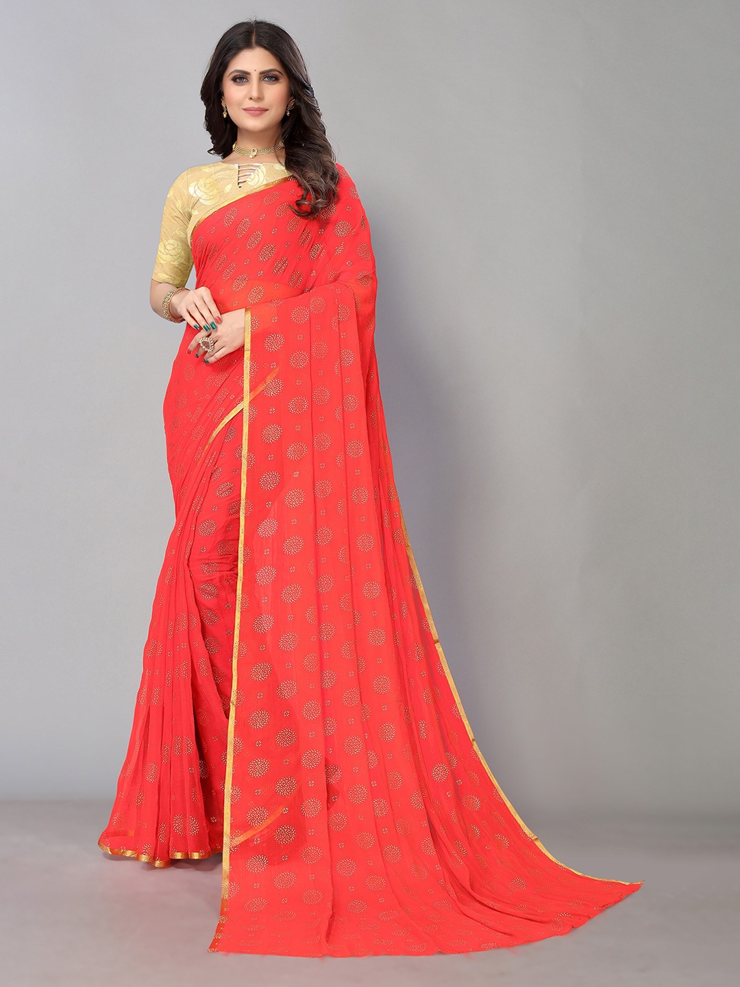 

KALINI Floral Printed Pure Chiffon Saree With Blouse Piece, Red